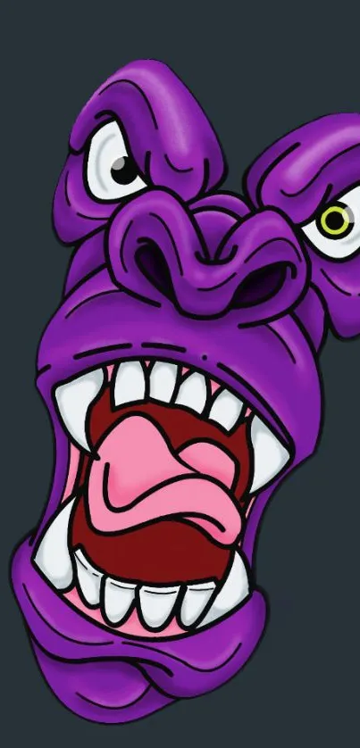 Purple cartoon face with exaggerated features on a dark background.