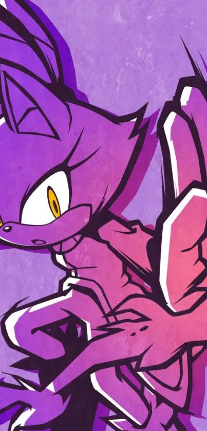 Animated purple cat character on a vibrant phone wallpaper.