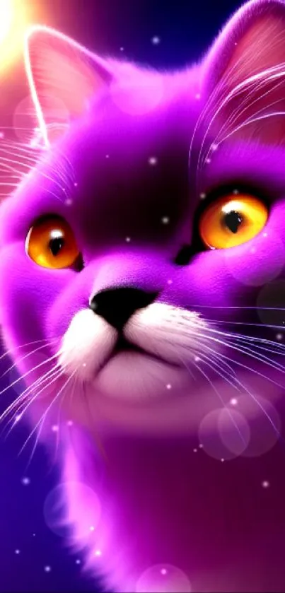 Purple cat with golden eyes, vibrant digital art wallpaper.