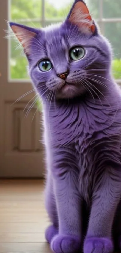 Purple cat sitting indoors, vibrant wallpaper design.