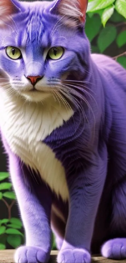 Purple cat with green leaves background, vibrant wallpaper.