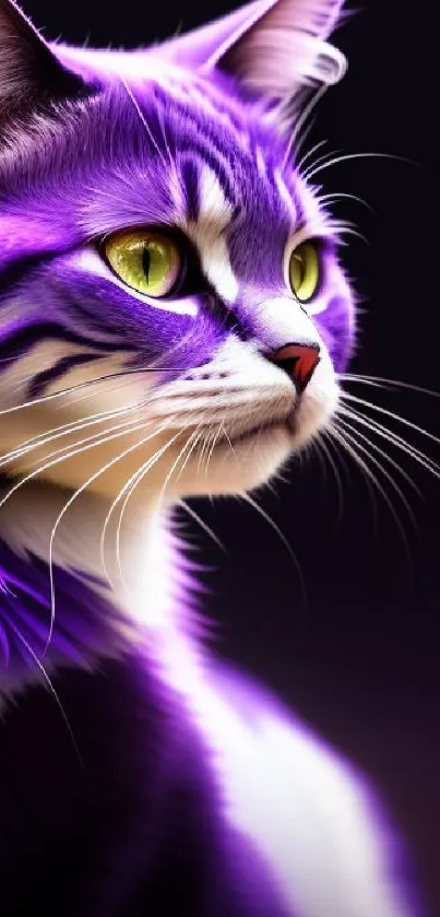 Vibrant purple cat with green eyes against dark background.