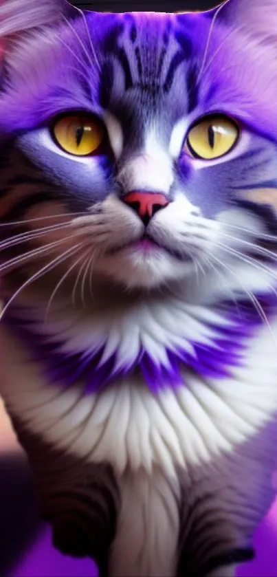 A vibrant purple cat with yellow eyes on a wallpaper.