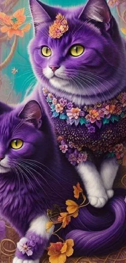 Purple cats with floral details on an artistic wallpaper.