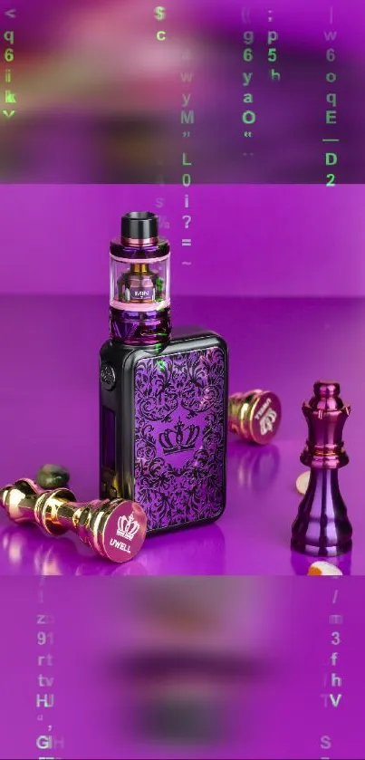 Vibrant purple vape mod with chess piece art on a wallpaper.