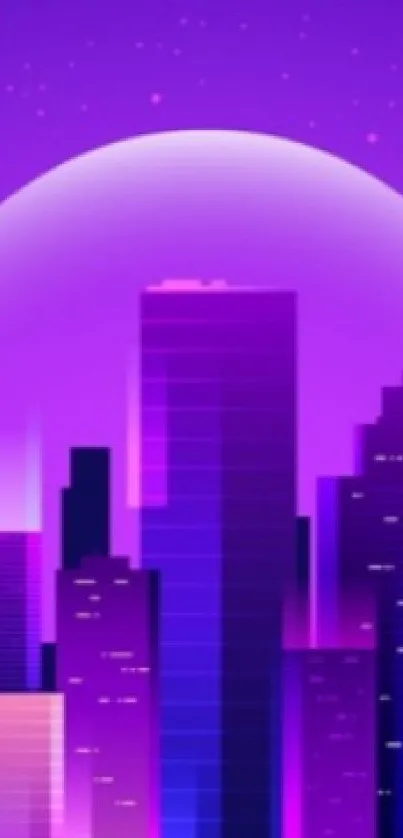 Futuristic purple cityscape with neon skyscrapers.