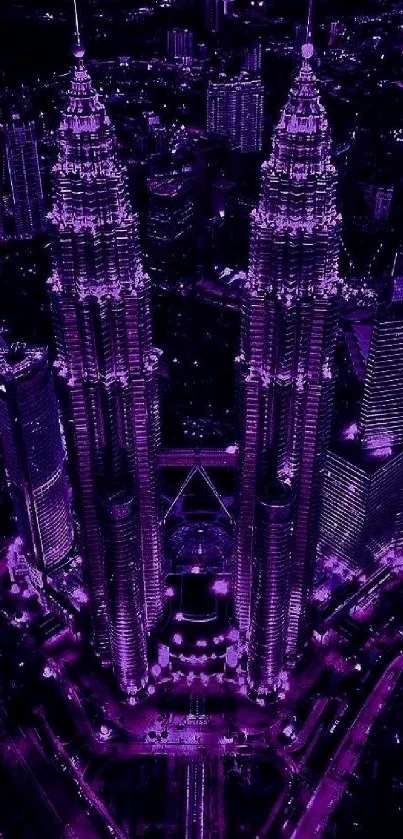 Purple-lit cityscape with skyscrapers at night.