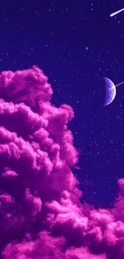 Purple clouds and crescent moon at night.