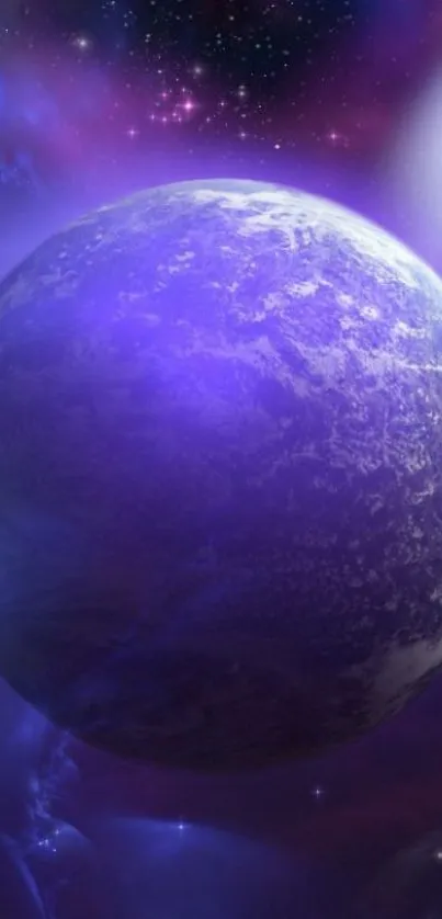 Vibrant purple planet with cosmic background.