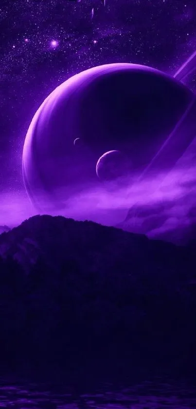 Purple cosmic wallpaper with planets and stars.