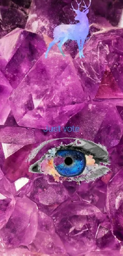 Purple crystal wallpaper with an eye and mystical elements.