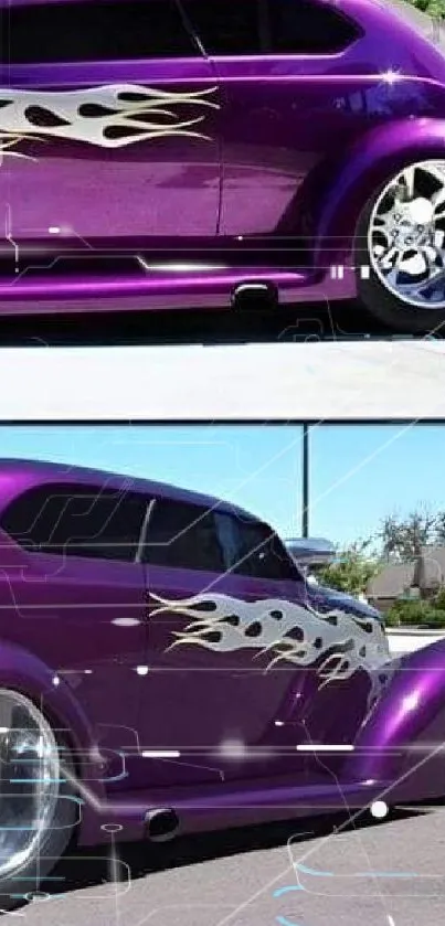 Purple custom car with flame decals, a stylish vintage vehicle.