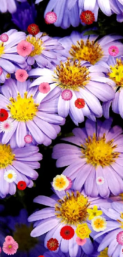 Close-up of vibrant purple daisies with yellow centers, creating a lively wallpaper.