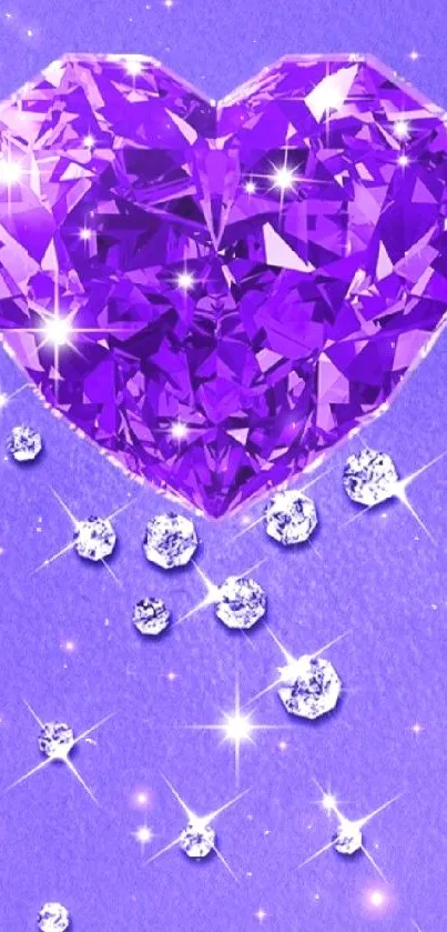 Vibrant purple diamond heart with sparkling accents on a mobile wallpaper.