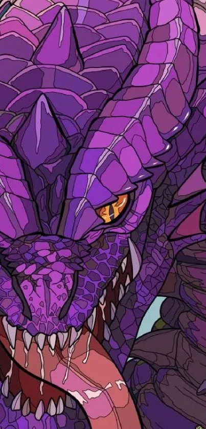 Vibrant purple dragon with intricate scales and fierce eyes in a fantasy art style.