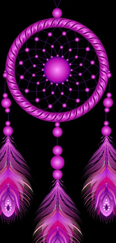 Vibrant purple dreamcatcher with intricate feather details.