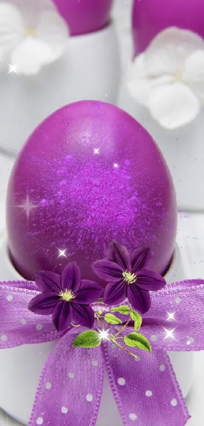 Purple Easter egg with floral decoration on a festive background.