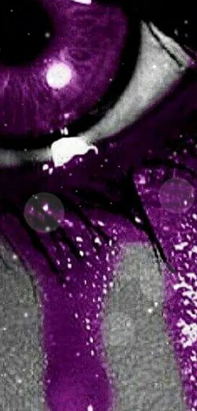 Mobile wallpaper featuring a vivid purple eye with artistic dripping detail.