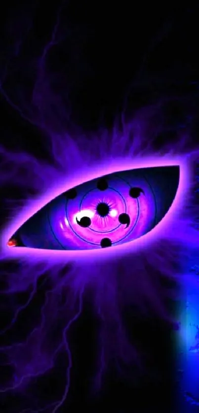 Purple eye with electric design on black background.