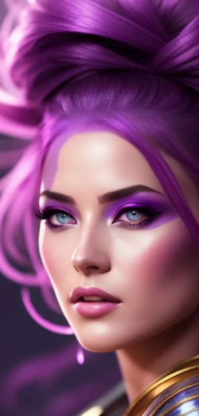 Fantasy portrait of woman with vibrant purple hair and bold makeup.