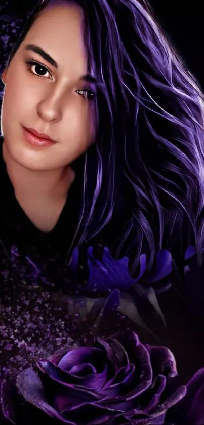 Purple fantasy portrait with a dark rose.