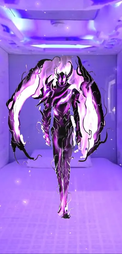 Purple flame figure in futuristic room glowing with vibrant light.