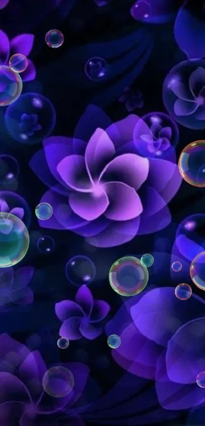 Purple flowers with bubbles on a dark background.