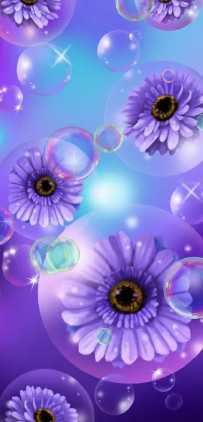 Purple flowers in bubbles on a dreamy background