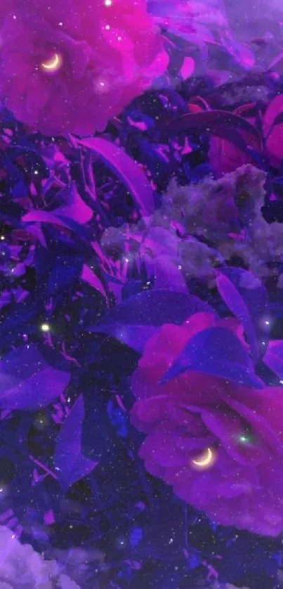 Mystical purple flowers with night sky background on this artistic wallpaper.