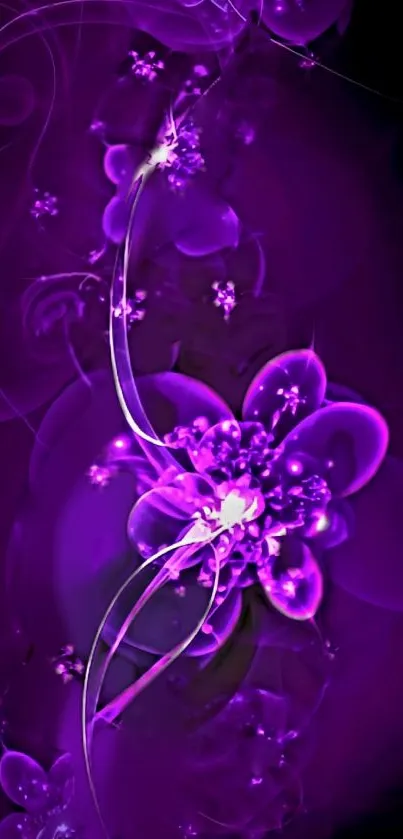 Vibrant purple floral phone wallpaper with glowing flowers.