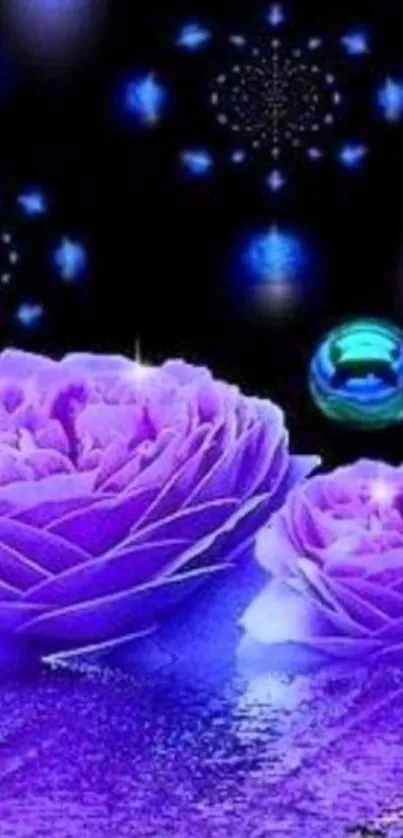 Purple roses and blue orbs in galaxy-themed wallpaper