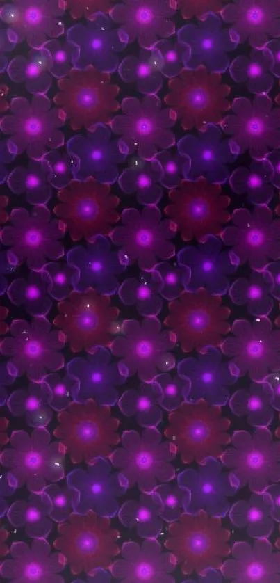 Vibrant purple floral pattern wallpaper with glowing flowers.