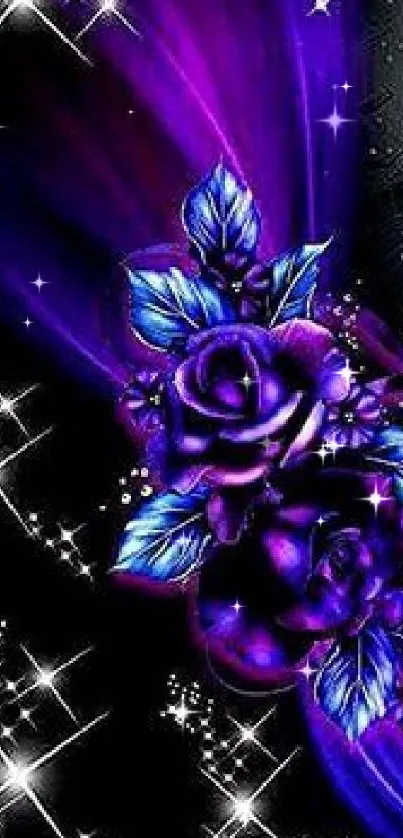 Vibrant purple flowers with sparkling stars on a dark background.