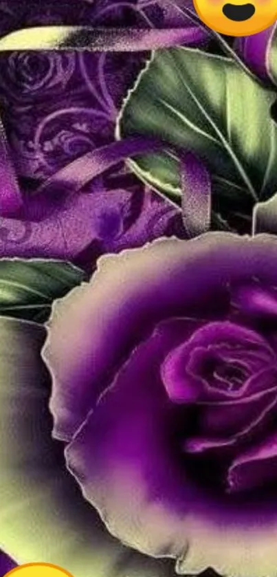 Purple floral wallpaper with green leaves and roses.