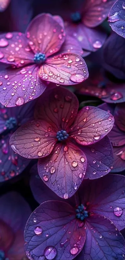 Close-up of purple flowers with dew.