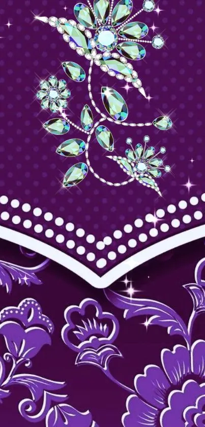 Elegant purple floral wallpaper with gemstone accents.