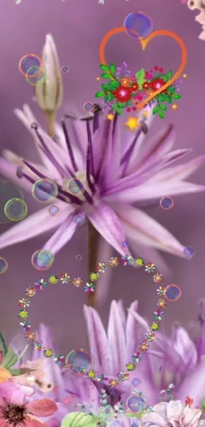 Purple flower with colorful hearts and bubbles on a floral background.