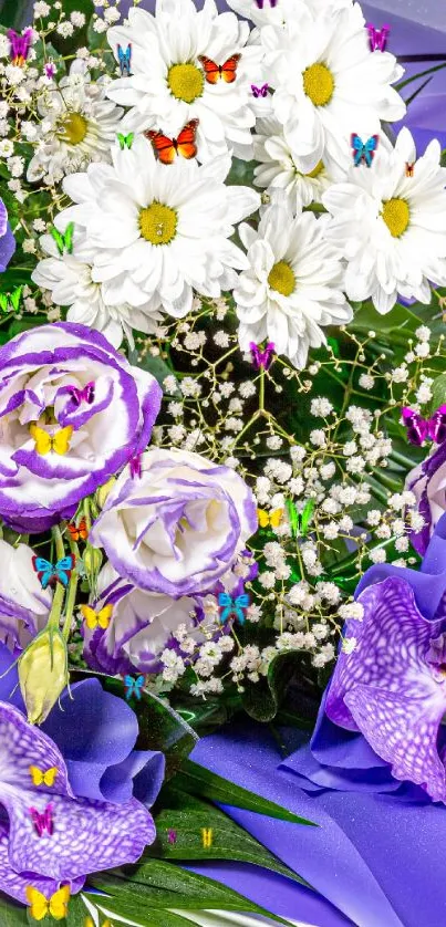 Vibrant purple and white flowers with lush green leaves.