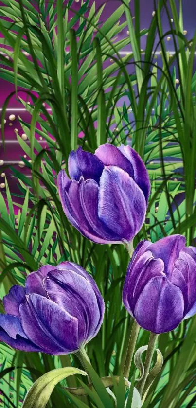 Vibrant purple tulips with lush green leaves on a colorful background.