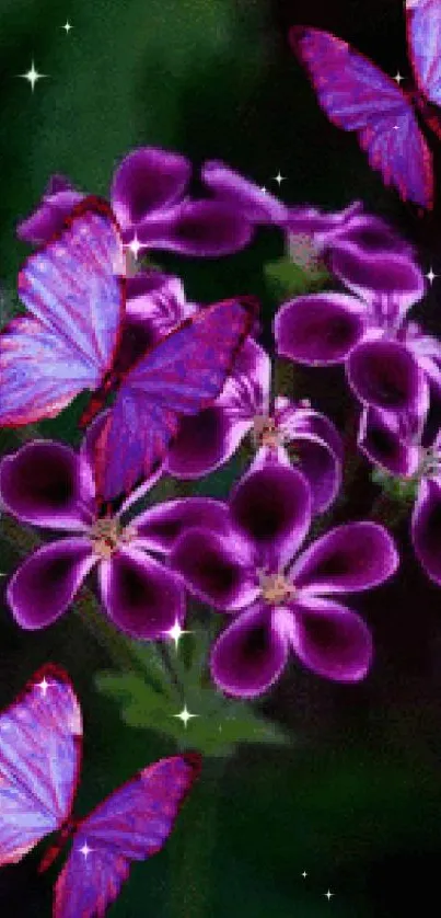 Vibrant purple flowers with butterflies on a dark background.