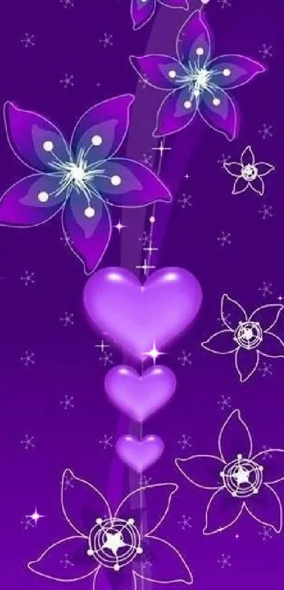 Purple floral wallpaper with glowing hearts.