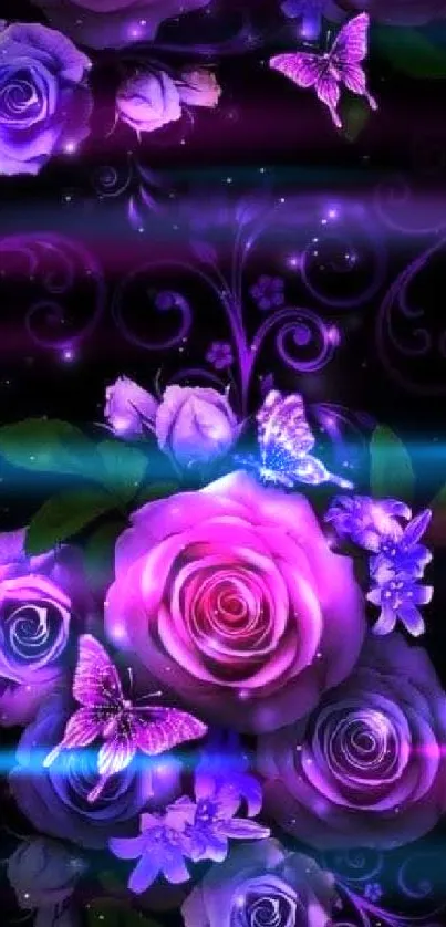 Purple roses and butterflies on dark background.