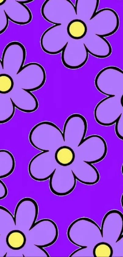 Vibrant purple wallpaper with cartoon flowers