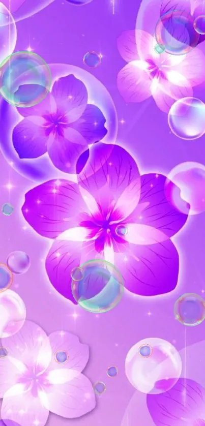 Purple floral wallpaper with sparkles and bubbles.