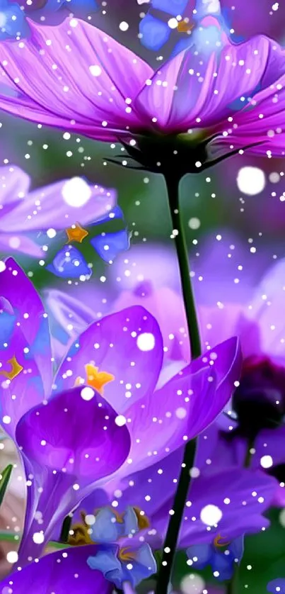 Purple floral wallpaper with snowflakes.