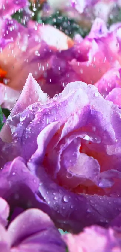 Vibrant purple flowers with dew droplets in a serene natural setting.