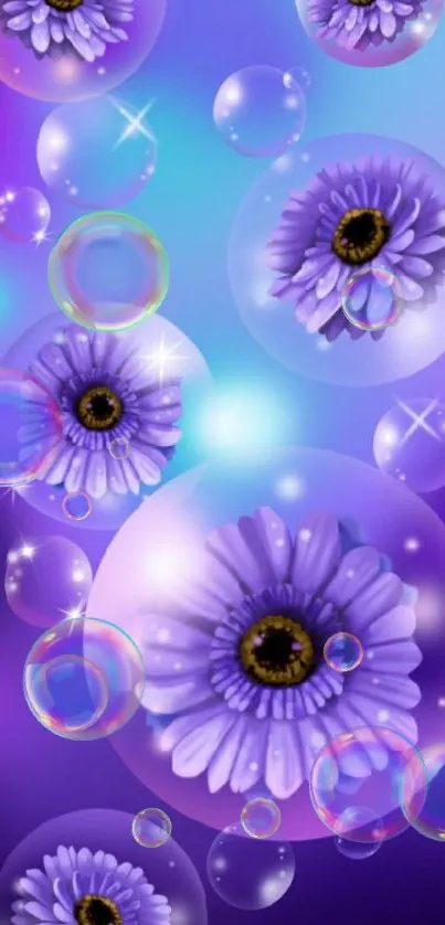 Purple daisies in glowing bubbles on a vibrant gradient background.