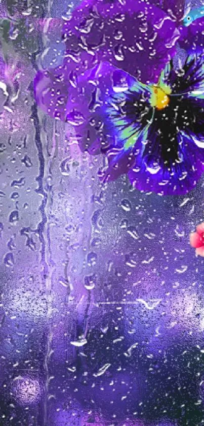 Purple flower with raindrops on glass and bokeh lights.