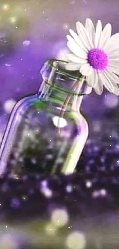 A glass bottle with a purple flower set against a bokeh background.