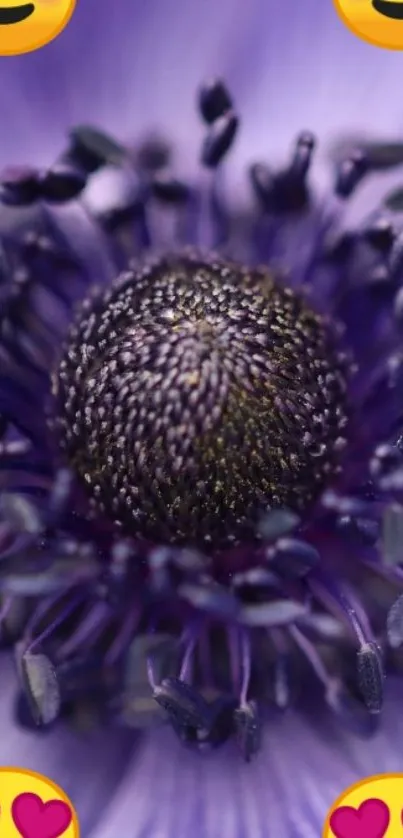 Purple flower close-up with emoticons on mobile wallpaper.